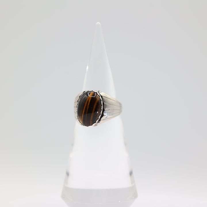 925 Sterling Silver Tigers Eye 18x13mm Oval Stone Ring Size 12.5
