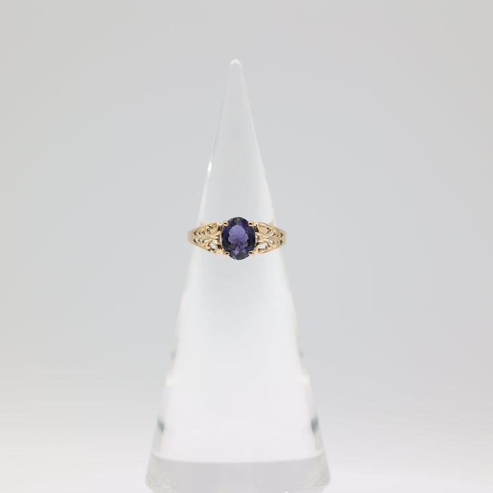 10K Yellow Gold Filigree Band with 9x7mm Oval Iolite Stone Ring Size 9