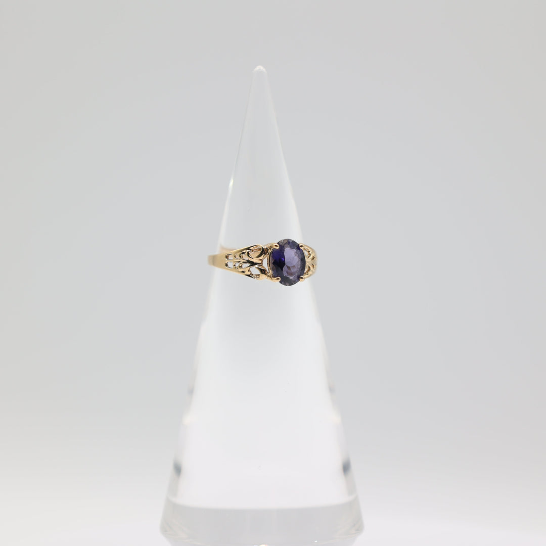 10K Yellow Gold Filigree Band with 9x7mm Oval Iolite Stone Ring Size 9