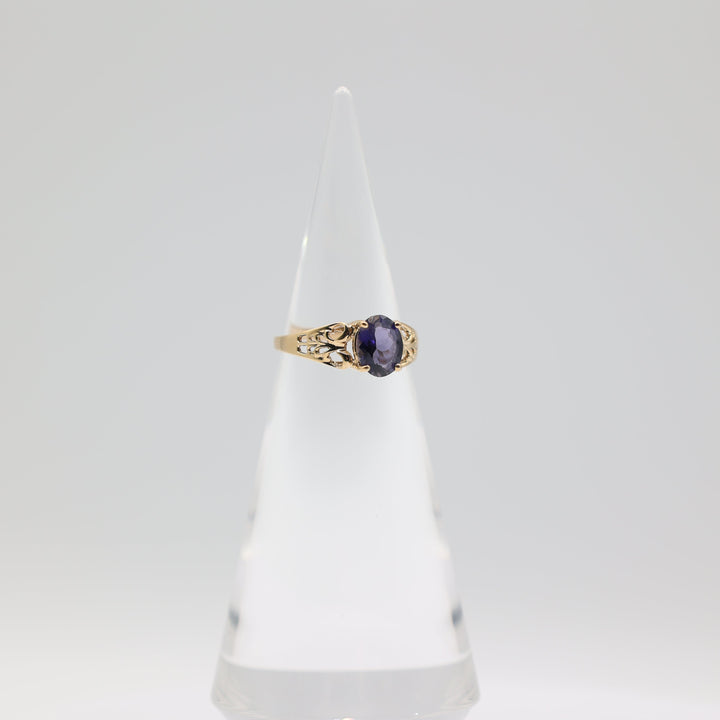 10K Yellow Gold Filigree Band with 9x7mm Oval Iolite Stone Ring Size 9