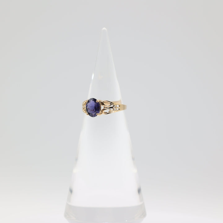 10K Yellow Gold Filigree Band with 9x7mm Oval Iolite Stone Ring Size 9