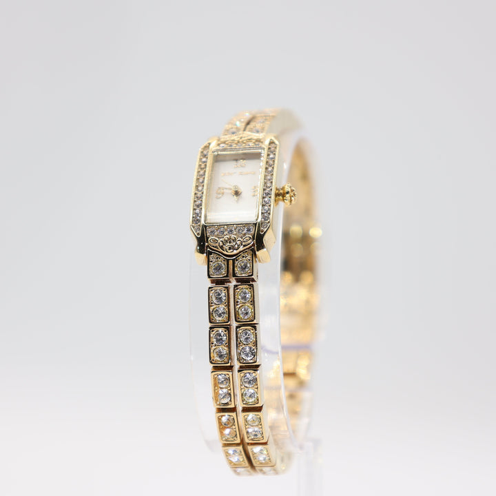 Betsy Johnson Yellow Gold Tone with Double White Crystal Band & Crystal Bezel Watch