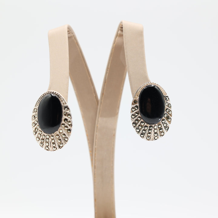 925 Silver Oval Black Onyx 18mm x 11mm with Silver Rhinestones 1in. Stud Earrings