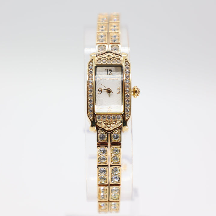Betsy Johnson Yellow Gold Tone with Double White Crystal Band & Crystal Bezel Watch