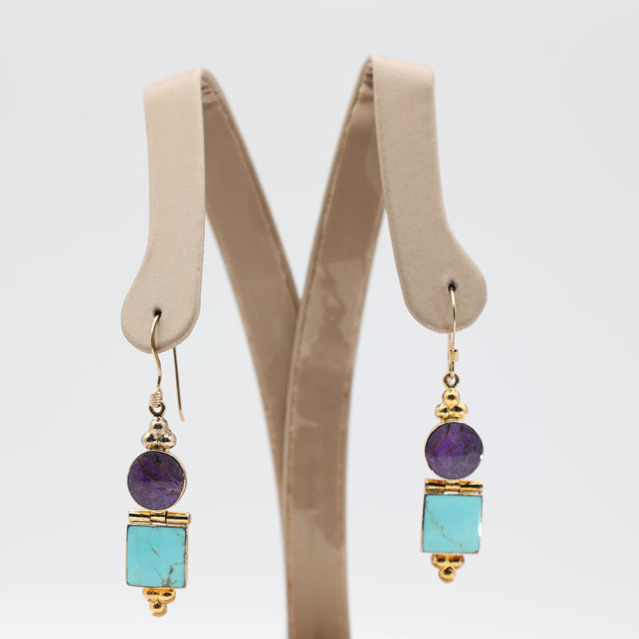 925 Gold Plated Square Turquoise and Purple Round Stone Dangle Earrings