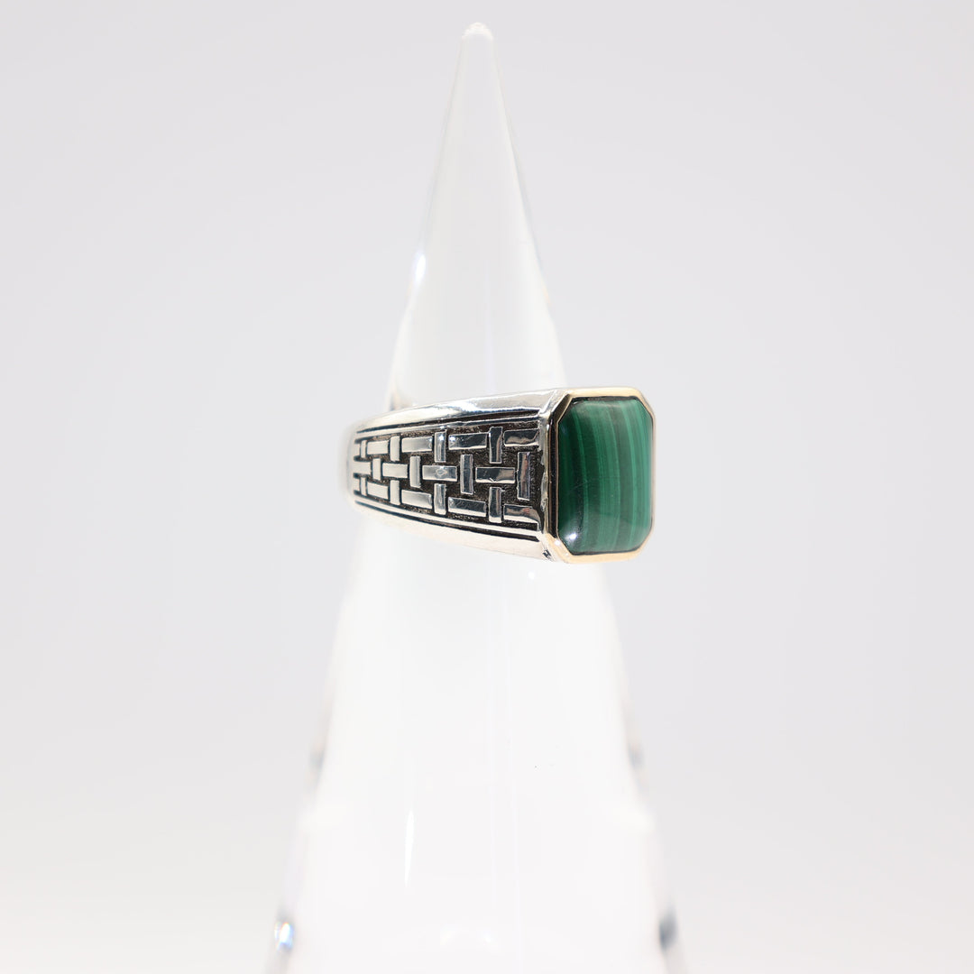 Effy Vintage 925 Sterling Silver and 14k Yellow Gold Malachite Ring- Size 9.5- 12.65g