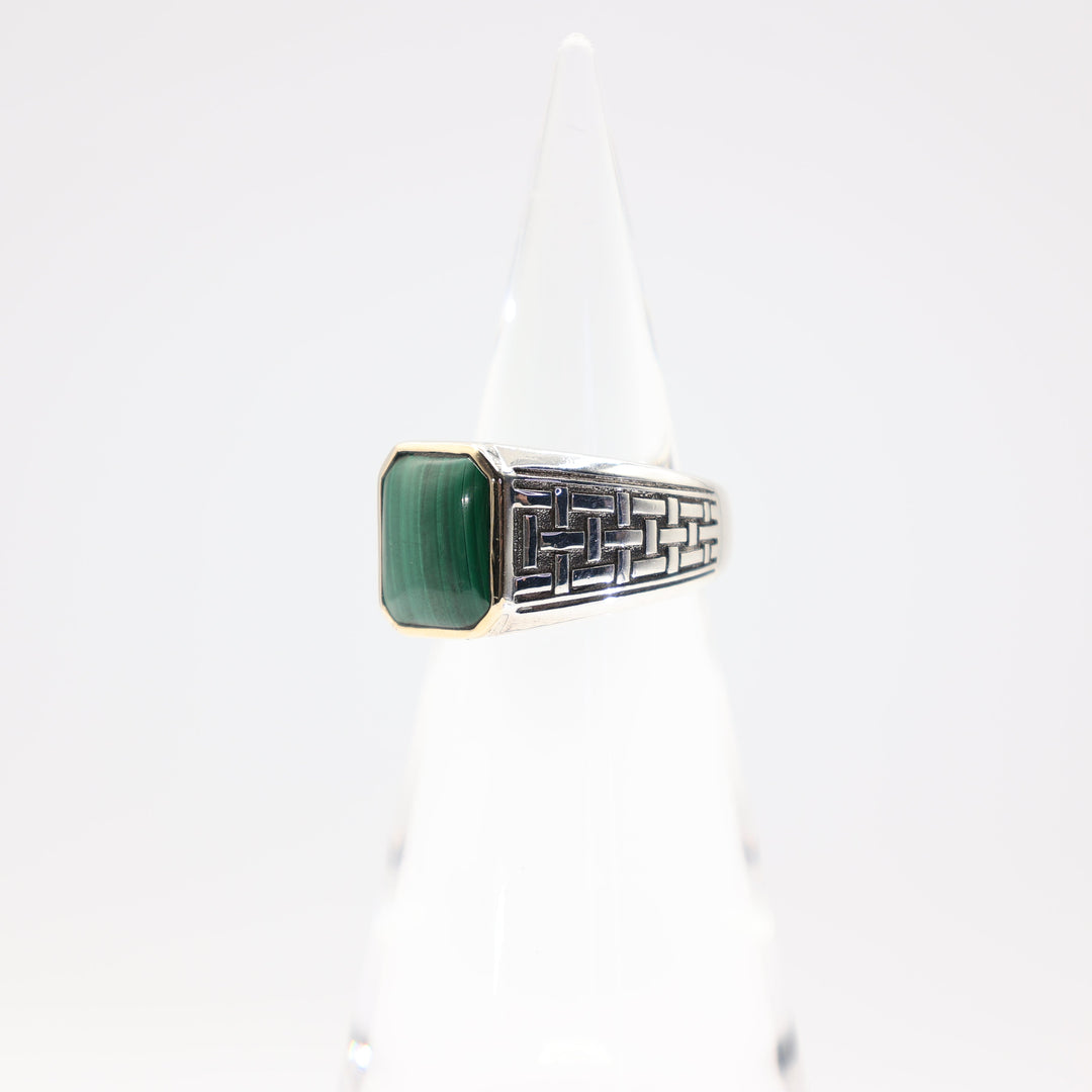 Effy Vintage 925 Sterling Silver and 14k Yellow Gold Malachite Ring- Size 9.5- 12.65g