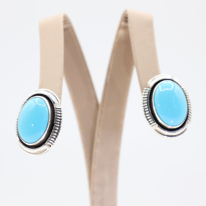 925 Sterling Silver Signed L. Yazzie Navajo Turquoise Oval Earrings