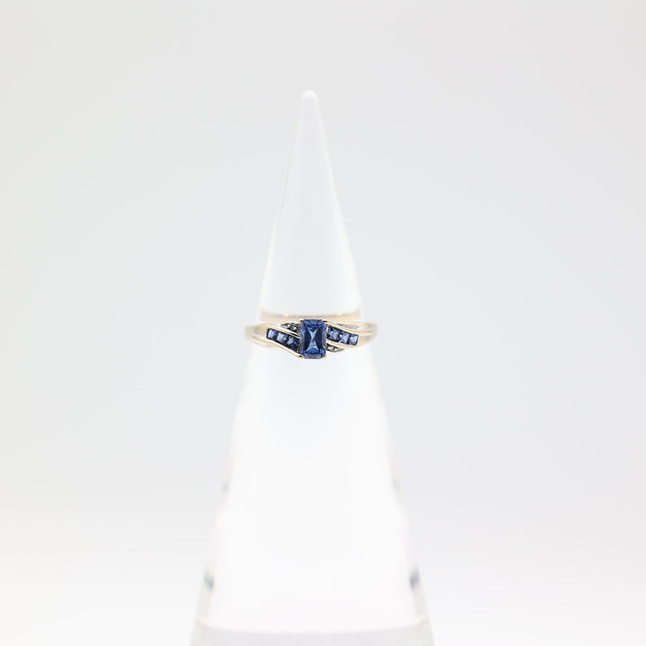 10k White Gold 6x4mm Emerald Cut Blue Sapphire Stone and Accents Ring Size 8.75