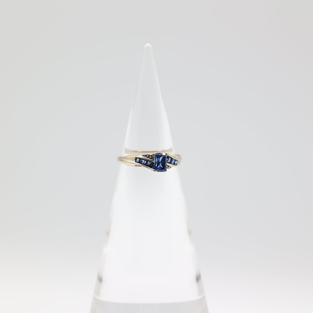 10k White Gold 6x4mm Emerald Cut Blue Sapphire Stone and Accents Ring Size 8.75