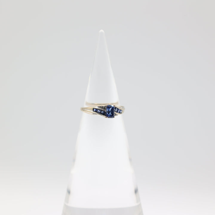 10k White Gold 6x4mm Emerald Cut Blue Sapphire Stone and Accents Ring Size 8.75