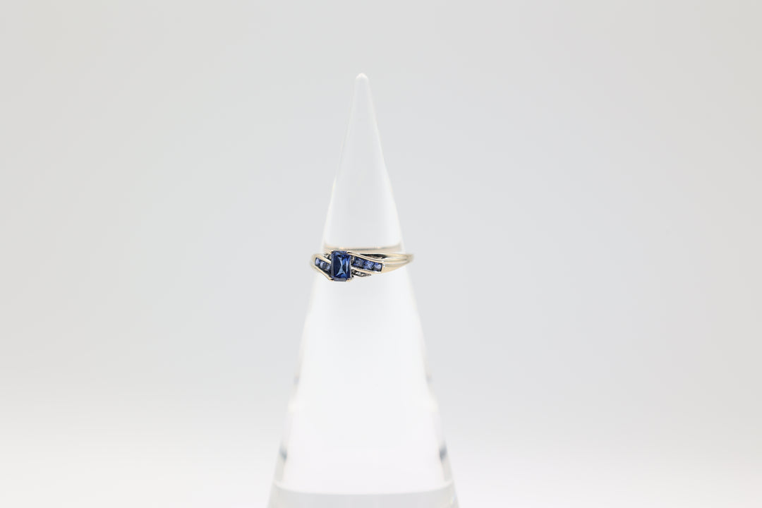 10k White Gold 6x4mm Emerald Cut Blue Sapphire Stone and Accents Ring Size 8.75