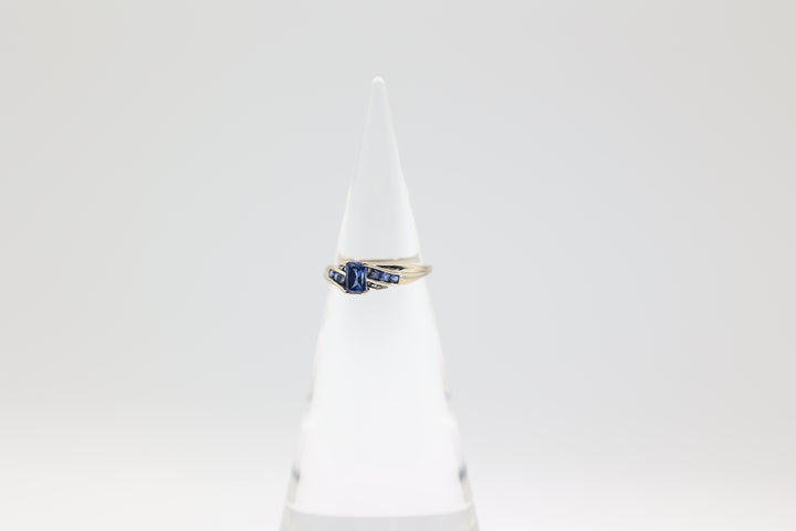 10k White Gold 6x4mm Emerald Cut Blue Sapphire Stone and Accents Ring Size 8.75