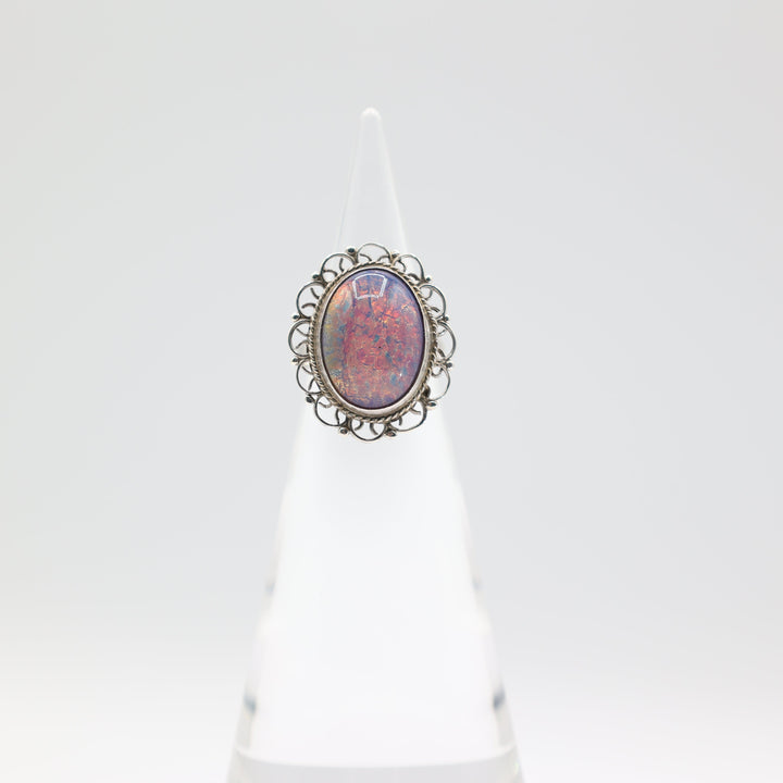 925 Sterling Silver Colorful Opal Filigree Ring Size 6.25