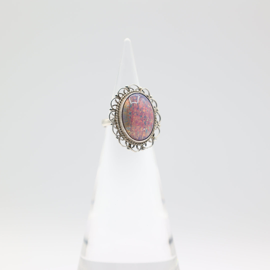925 Sterling Silver Colorful Opal Filigree Ring Size 6.25