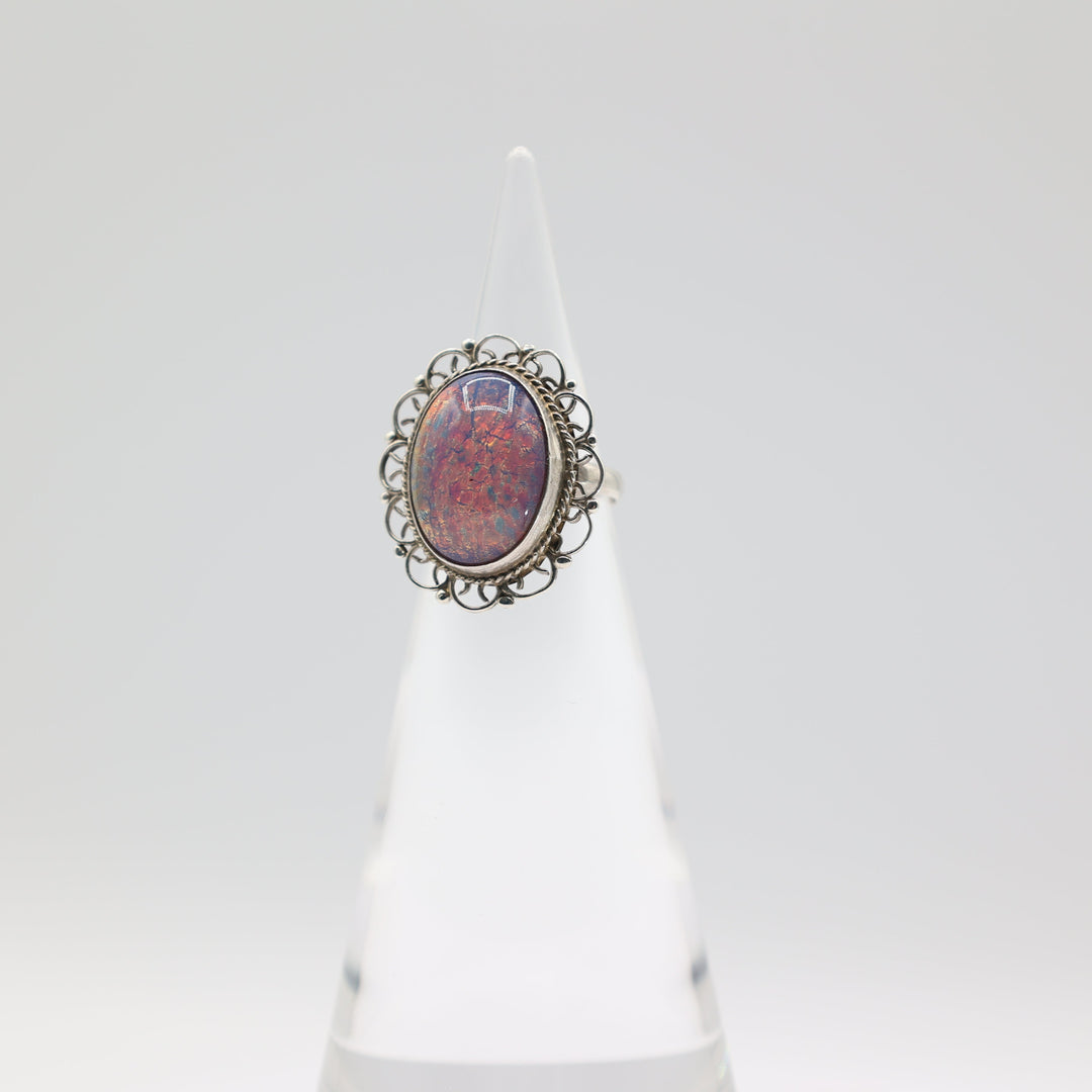 925 Sterling Silver Colorful Opal Filigree Ring Size 6.25