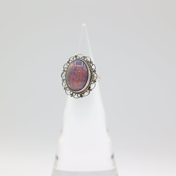925 Sterling Silver Colorful Opal Filigree Ring Size 6.25