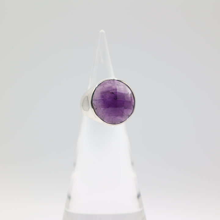 925 Sterling Silver 20mm Large Round Purple Spinel Stone Ring Size 8