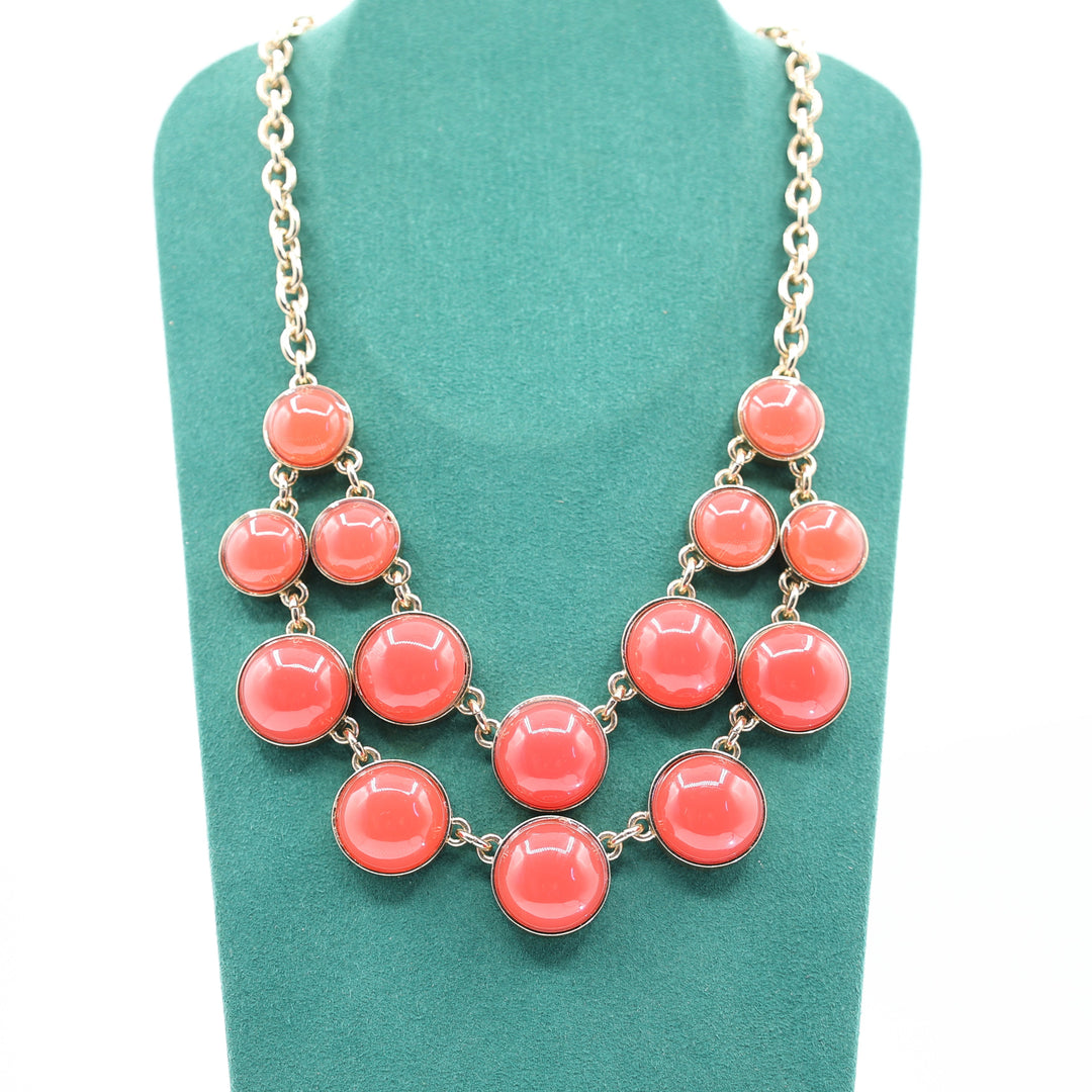 Ann Taylor Translucent Pink Cabochon Statement Necklace in Gold Tone, Bib Necklace, Signed Designer Jewelry