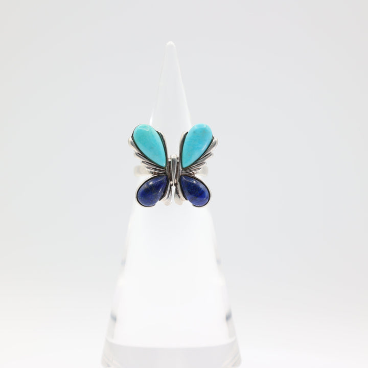 925 Sterling Silver Turquoise and Lapis Blue Butterfly Ring Size 8