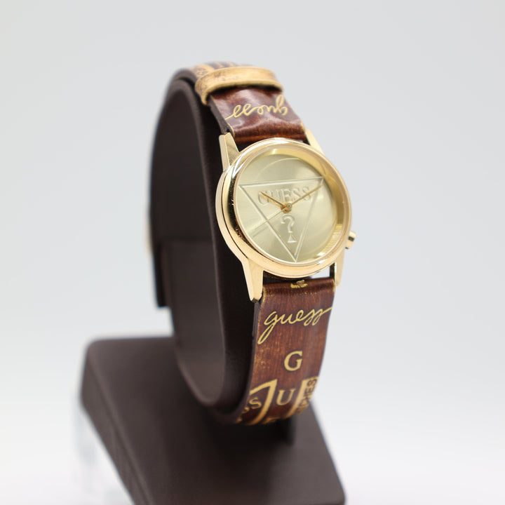 Guess Gold Tone & Stamped Brown Leather Band Watch