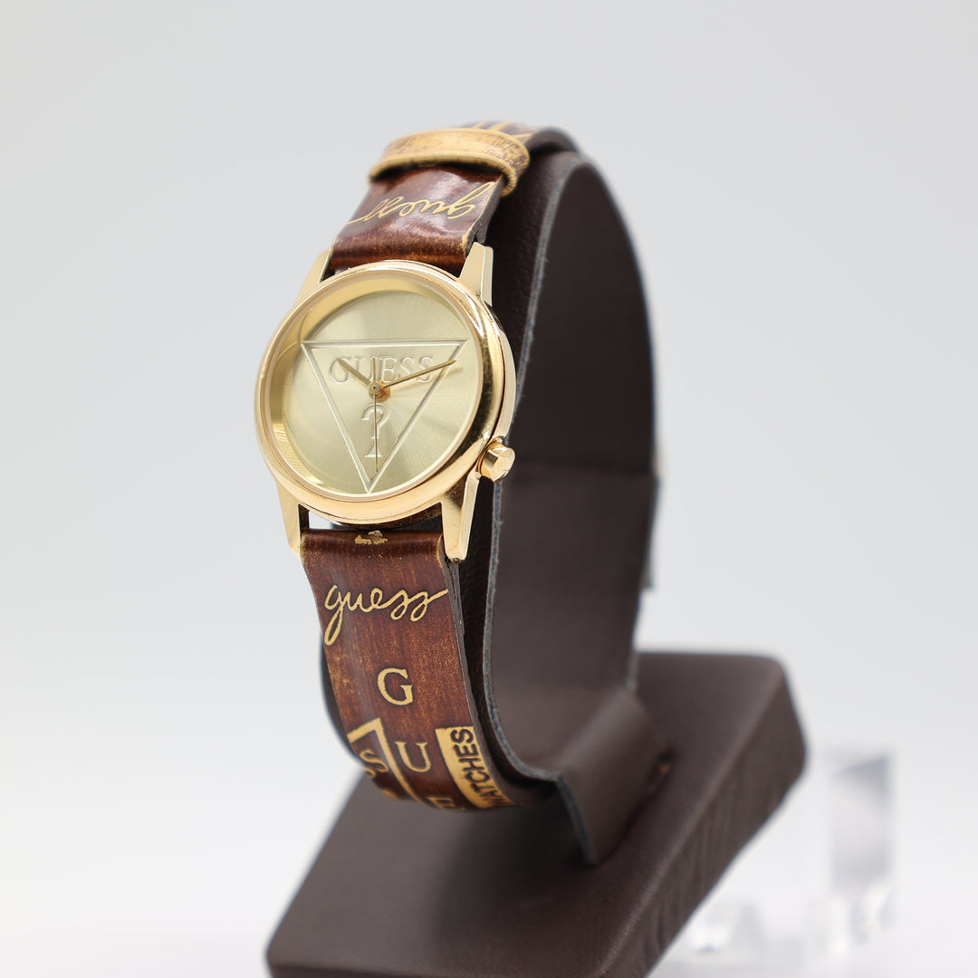Guess Gold Tone & Stamped Brown Leather Band Watch