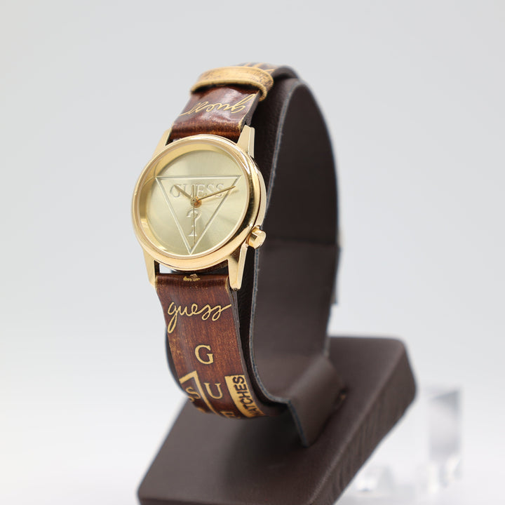 Guess Gold Tone & Stamped Brown Leather Band Watch