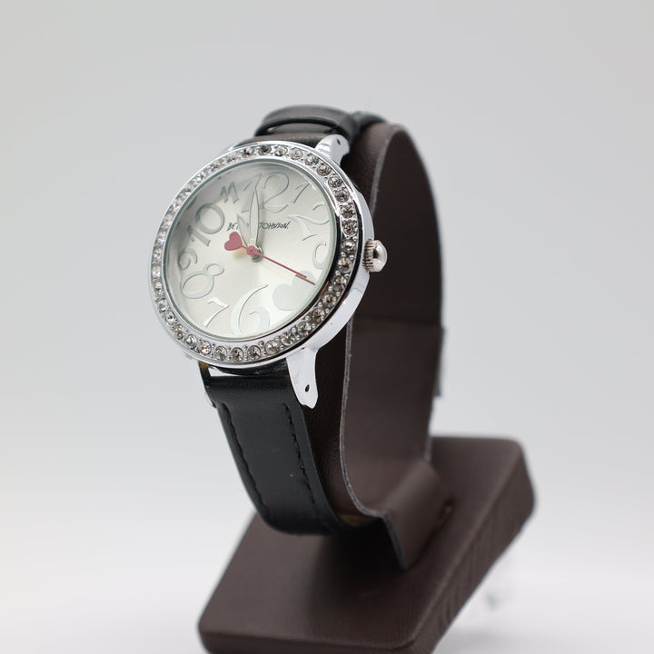 Betsey Johnson Silver Rhinestone And Black Leather Watch