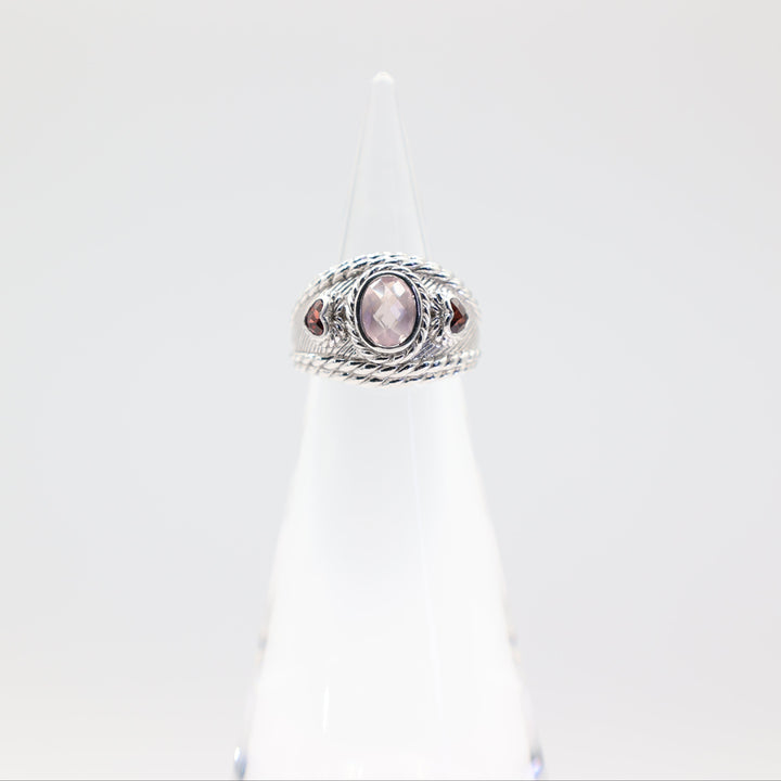 Judith Ripka 925 Sterling Silver Rose Quartz and Garnet Hearts Ring- Size 6- 13.2g