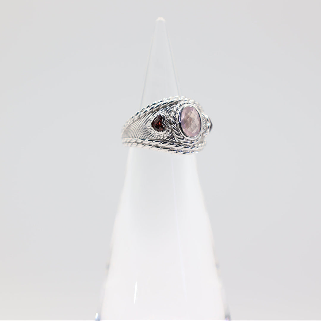 Judith Ripka 925 Sterling Silver Rose Quartz and Garnet Hearts Ring- Size 6- 13.2g