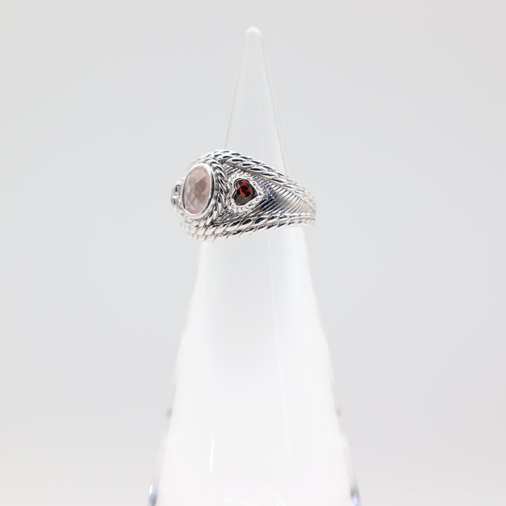 Judith Ripka 925 Sterling Silver Rose Quartz and Garnet Hearts Ring- Size 6- 13.2g