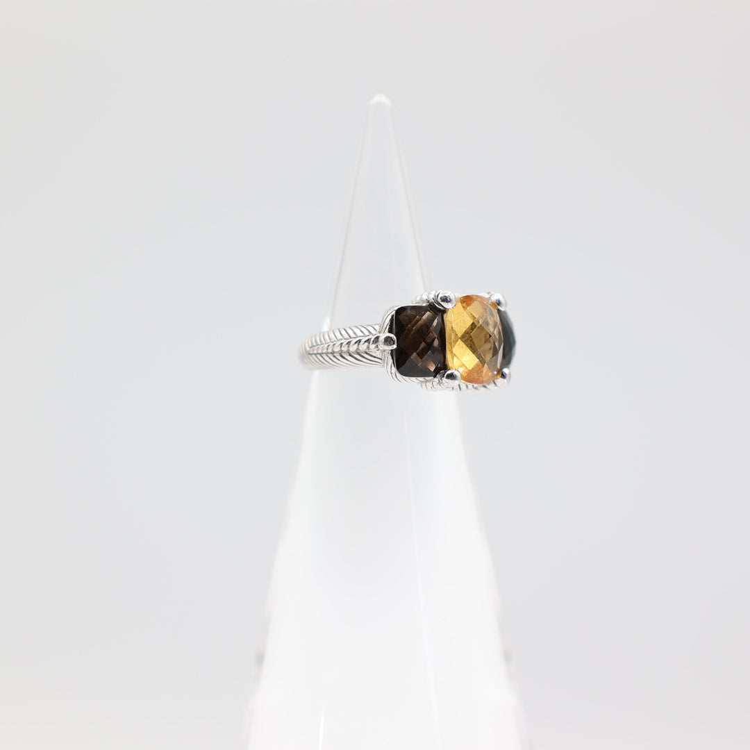 Judith Ripka Sterling Silver Citrine and Smokey Quartz Ring- Size 4.75