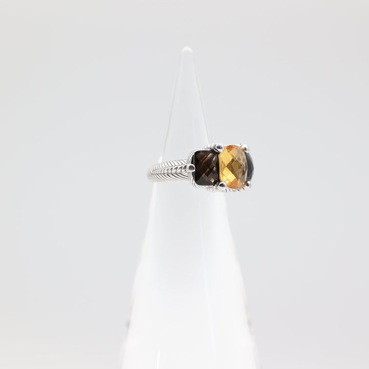 Judith Ripka Sterling Silver Citrine and Smokey Quartz Ring- Size 4.75