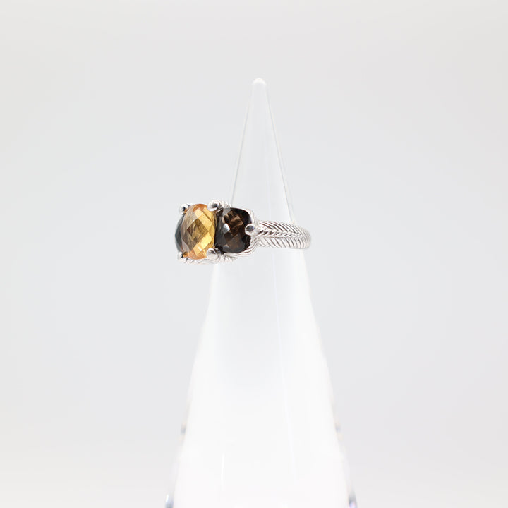 Judith Ripka Sterling Silver Citrine and Smokey Quartz Ring- Size 4.75