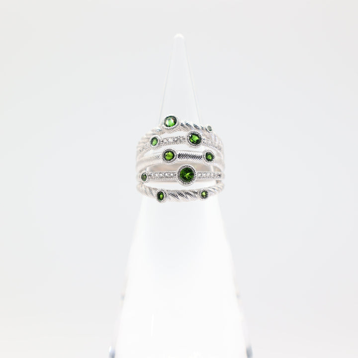 Judith Ripka 925 Sterling Silver Stacked 5-band Confetti Diopside Green Stone Ring- Size 7.75- 8.2g