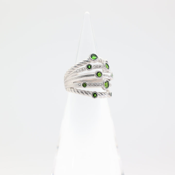Judith Ripka 925 Sterling Silver Stacked 5-band Confetti Diopside Green Stone Ring- Size 7.75- 8.2g