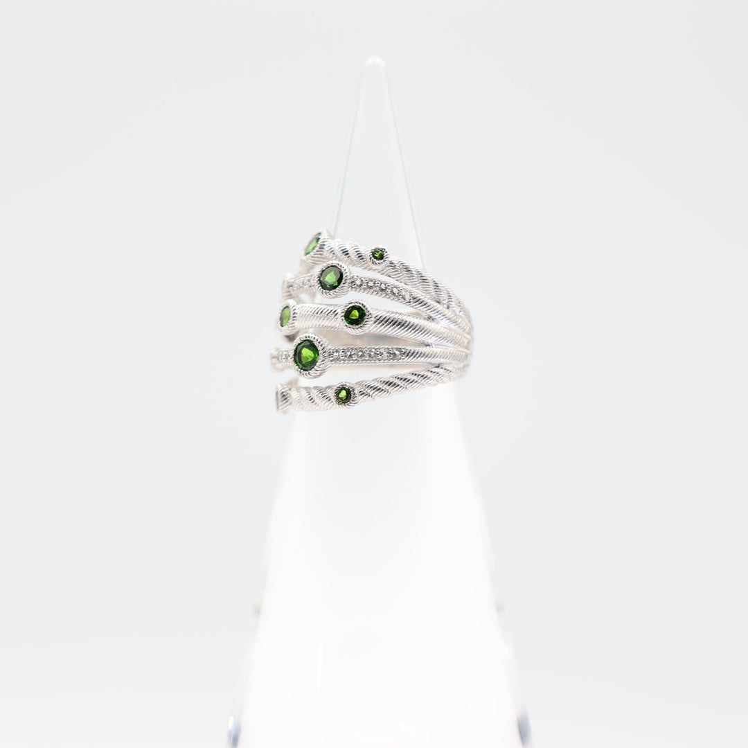 Judith Ripka 925 Sterling Silver Stacked 5-band Confetti Diopside Green Stone Ring- Size 7.75- 8.2g