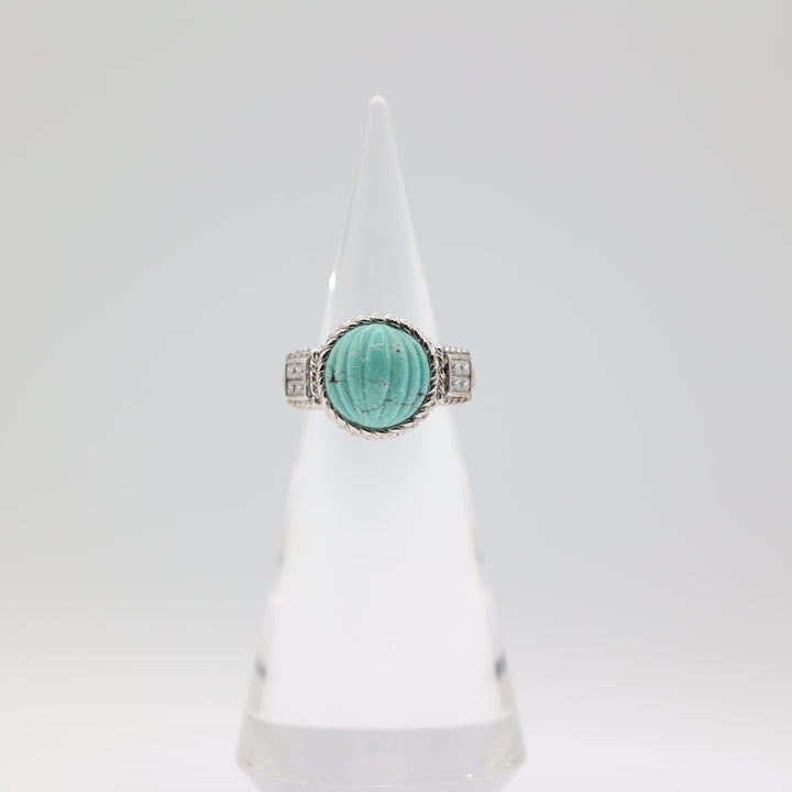 Judith Ripka 925 Silver Ribbed Turquoise Rhinestone Ring Size 9.75