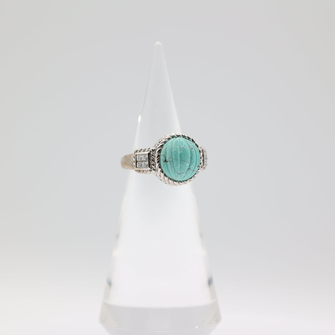 Judith Ripka 925 Silver Ribbed Turquoise Rhinestone Ring Size 9.75