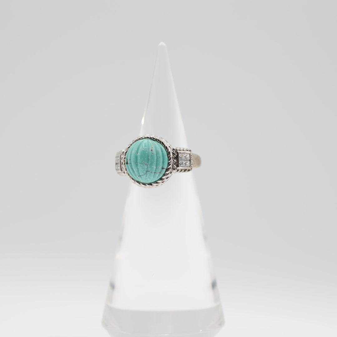 Judith Ripka 925 Silver Ribbed Turquoise Rhinestone Ring Size 9.75