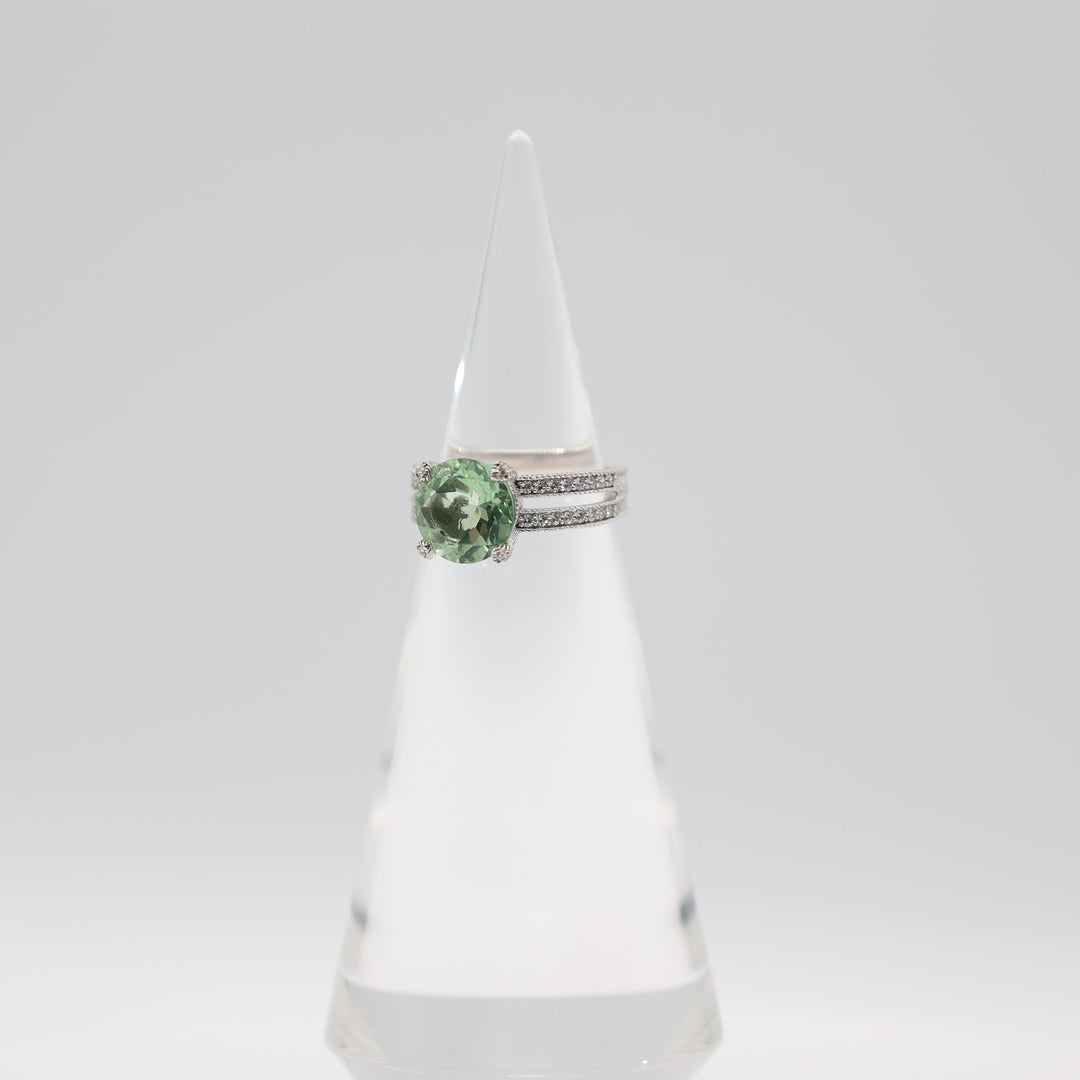 Judith Ripka 925 Sterling Silver 10mm Round Light Green Stone & CZ Ring Size 7.5