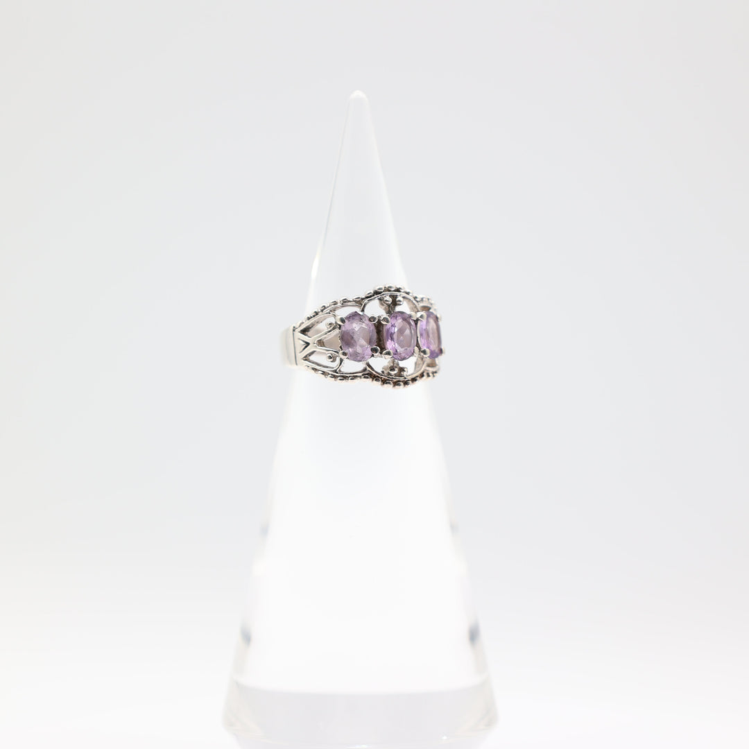 925 Sterling Silver Triple Amethyst Stone Ring Size 8.75 7x5mm