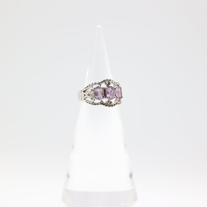 925 Sterling Silver Triple Amethyst Stone Ring Size 8.75 7x5mm