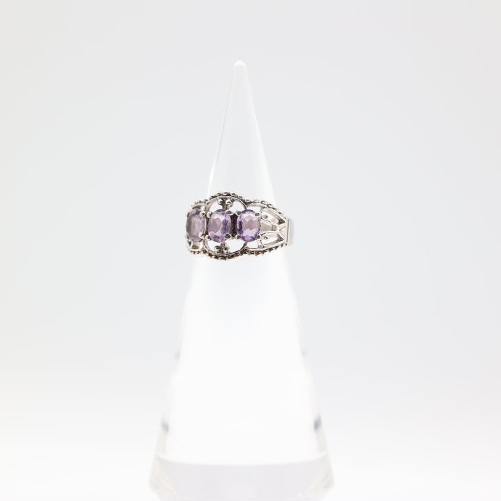 925 Sterling Silver Triple Amethyst Stone Ring Size 8.75 7x5mm