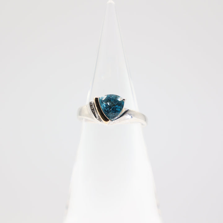 925 Silver and 14k Yellow Gold Blue Topaz Triangle Shaped Ring - Size 8.5