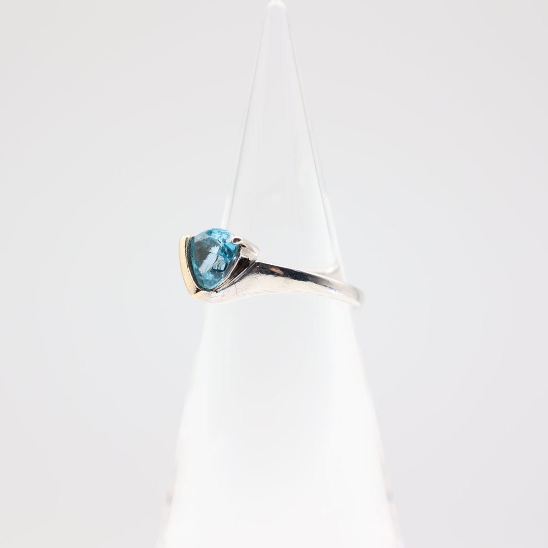 925 Silver and 14k Yellow Gold Blue Topaz Triangle Shaped Ring - Size 8.5