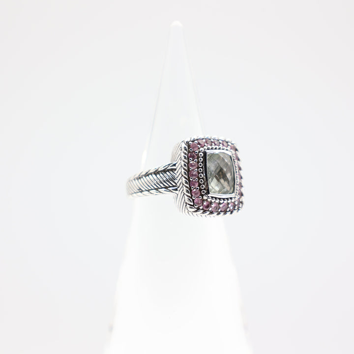 Judith Ripka 925 Sterling Silver Green Amethyst w/ Pink Sapphire Ring- Size 8