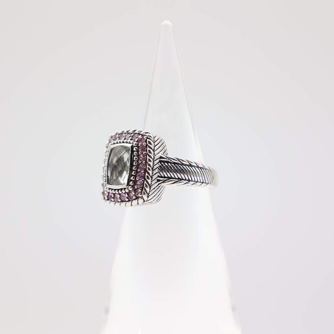 Judith Ripka 925 Sterling Silver Green Amethyst w/ Pink Sapphire Ring- Size 8