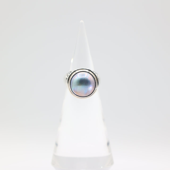 925 Sterling Silver 15mm Blue Mother of Pearl Ring Size 9