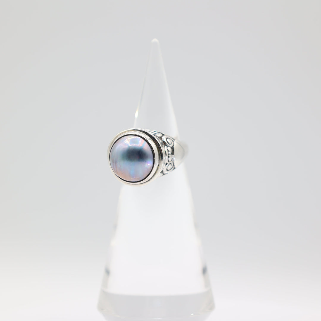 925 Sterling Silver 15mm Blue Mother of Pearl Ring Size 9